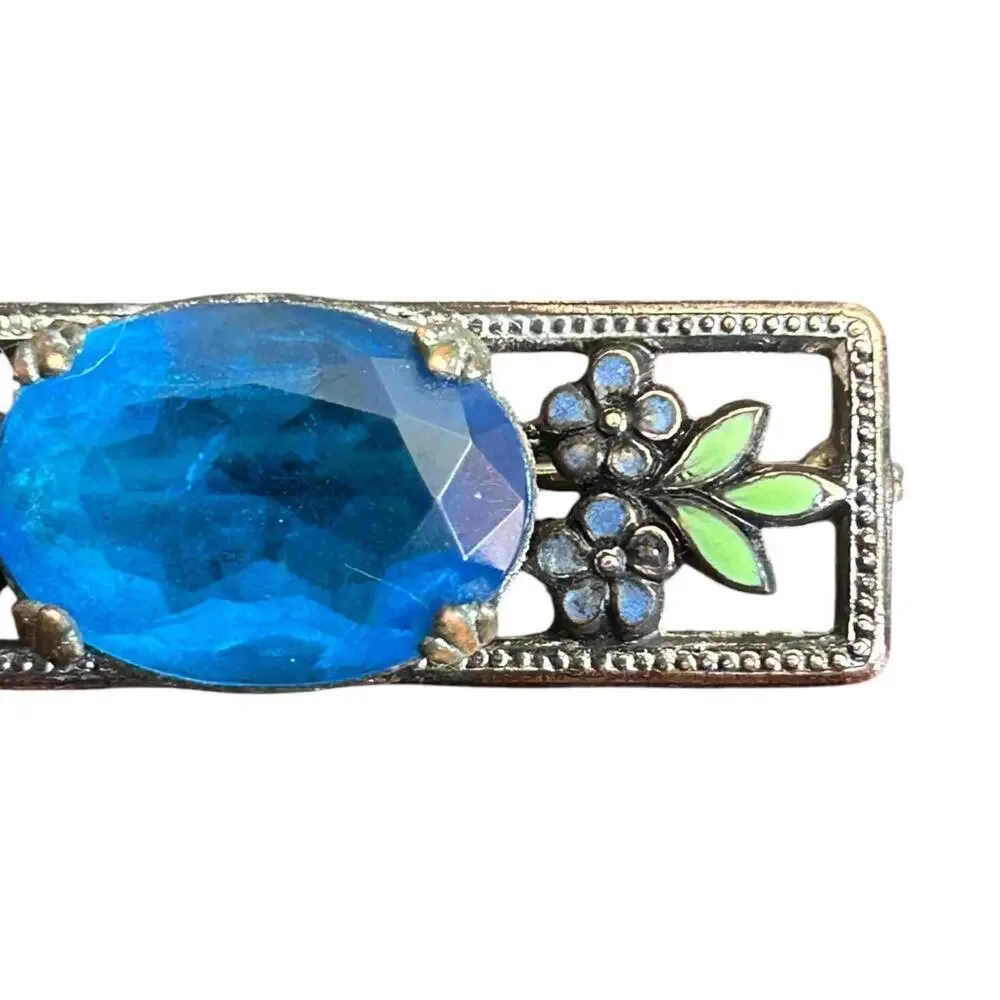 Art Deco Cobalt Blue Glass and Floral Enamel Bar Pin